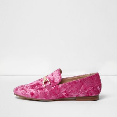 Bright pink velvet loafers